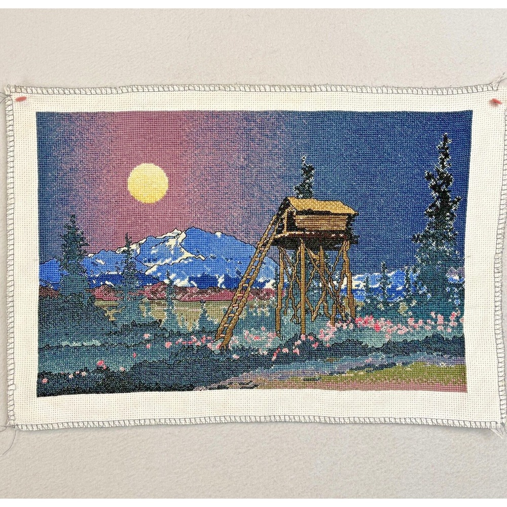 Handmade Cross Stitch Night Sky Forest Trees Mountain Fire Tower Wildflowers‎